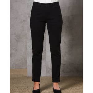 Black ladies' chino pants featuring a slim fit and a classic design. Includes a waistband and front pockets.