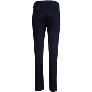 Navy ladies' chino pants viewed from the back, featuring a fitted design and a rear pocket. Includes a logo.