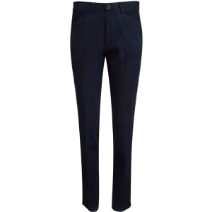 Navy blue ladies' chino pants with a fitted design, featuring side pockets and a button closure.