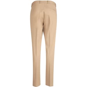 A pair of tan chinos viewed from the back, featuring a fitted design and a single back pocket.