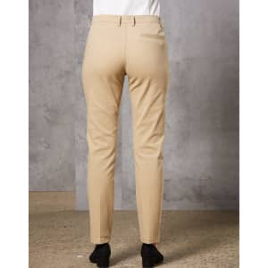 A pair of beige ladies' chino pants seen from the back, featuring a fitted design and a rear pocket.