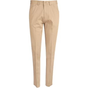 Beige ladies' chino pants featuring a slim fit and classic design, with front pockets and a button closure.
