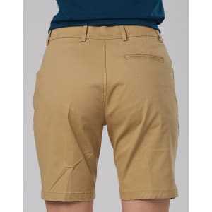 Beige stretch cotton chino shorts with a back pocket and loop detailing, viewed from the back.