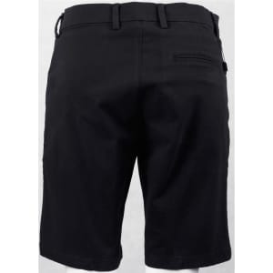 Black stretch cotton chino shorts featuring a back pocket and a waistband with belt loops.