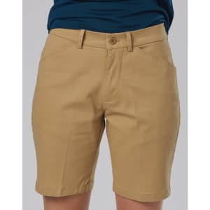 Tan stretch cotton chino shorts with a front button closure, featuring a logo on the waistband.