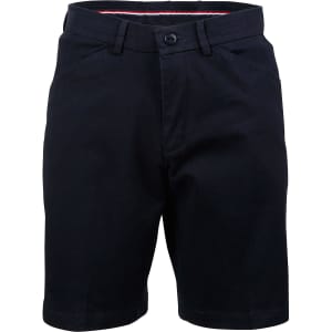 A pair of navy ladies' stretch cotton chino shorts with a button closure and pockets, featuring a branded logo.