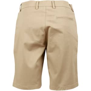 Tan stretch cotton chino shorts with a back pocket and waistband detailing. Features a logo on the waistband.