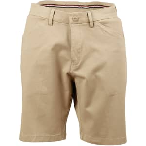 Ladies' stretch cotton chino shorts in a light beige colour, featuring a front button and pockets. Includes a logo tag.