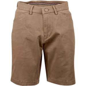 Ladies' stretch cotton chino shorts in khaki with a button front and side pockets. Features a logo on the waistband.