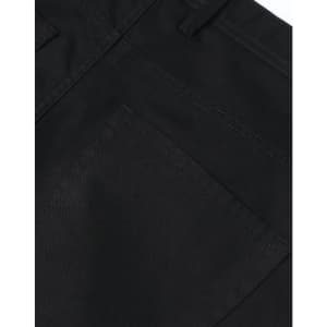 Black flexi chino pants featuring a back pocket and detailed stitching. Includes a logo.