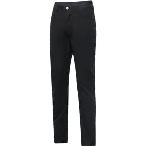 A pair of black ladies' jean style flexi chino pants with a button closure and pockets, featuring a logo.