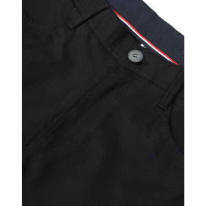 Black flexi chino pants with a button closure and pockets, featuring a contrasting waistband and logo.