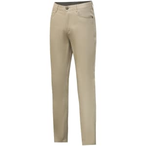 A pair of beige flexi chino pants with a slim fit and a logo on the waistband.