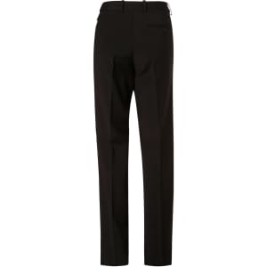 Black slim leg pants with a flexi waist, featuring a back pocket and a simple design. Includes a logo.