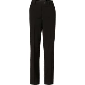 Women's slim leg pants in black wool stretch fabric with a flexi waist. Features a button closure and pockets.