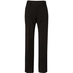 Women's low rise pants in black wool stretch with a straight leg cut. Features a simple waistband and no visible branding.