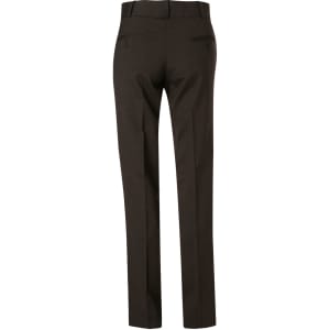 Women’s low rise pants in dark brown wool stretch, featuring a tailored fit and two back pockets.
