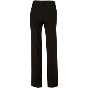 Black women's low rise pants in a wool stretch fabric, featuring a straight-leg cut and rear pockets.