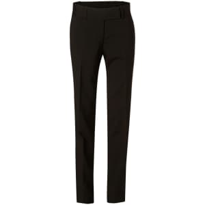 Women's low rise pants in black wool stretch featured in a sleek, tailored design. The pants have a branding logo.