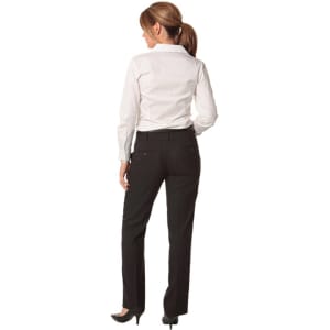 Black women's low rise pants made from poly/viscose stretch, featuring a smooth back and minimal detailing.