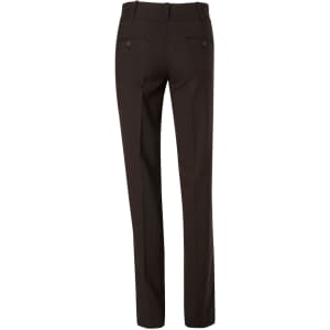 Women's low rise pants in dark brown poly/viscose stretch, featuring a tailored design with back pockets and belt loops.