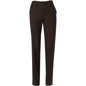 Women's low rise pants in dark brown poly/viscose stretch fabric, featuring a sleek design and a branded tag.