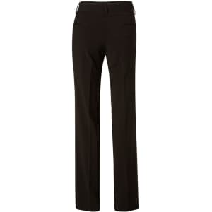 Women's low rise slacks in black poly/viscose stretch with a straight leg design. Features pockets and a logo.