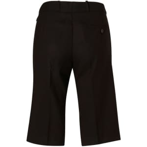Back view of women's knee-length black dress shorts in poly/viscose stretch, featuring a button and pocket detail.