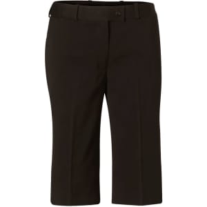 Black knee-length shorts with a flexi waist in a poly/viscose stretch fabric, featuring a button closure and pockets.