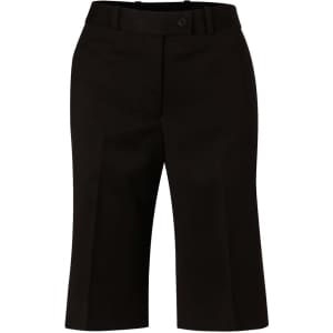 Knee-length black shorts with a flexi waist, featuring a button and belt loops, made from poly/viscose stretch fabric.