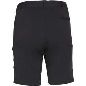 A pair of black ladies' utility cargo shorts with side pockets and an elastic waistband, featuring a simple design.