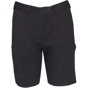 Black ladies' utility cargo shorts featuring multiple pockets and a button closure, with a branding logo.
