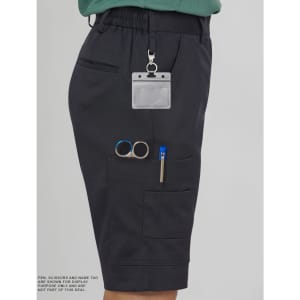 A pair of black ladies' utility cargo shorts featuring multiple pockets and a logo. Accessories are not included.