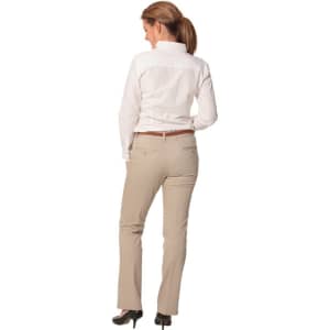 Women's chino pants in beige, featuring a straight leg design and pockets, paired with a white shirt.