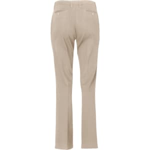 Beige women's chino pants viewed from the back, featuring a fitted design and two back pockets.