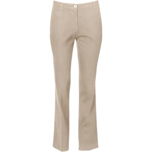 Women’s chino pants in a light beige colour, featuring a button closure and a slight flare at the hems.
