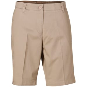 Khaki women's chino shorts with a button closure and pockets, featuring a logo on the waistband.