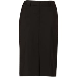 A black mid-length lined pencil skirt made from wool stretch fabric, featuring a zip closure and belt loops.