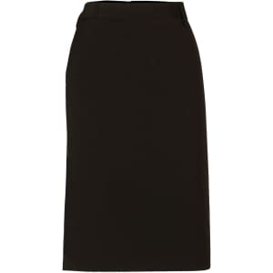 A black mid-length lined pencil skirt in wool stretch with a fitted silhouette and waistband.
