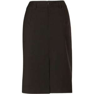 A mid-length lined pencil skirt in dark green wool stretch, featuring a back zip and tailored design.