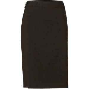 A women's mid-length pencil skirt in dark wool stretch fabric, featuring a sleek design and a waistband.