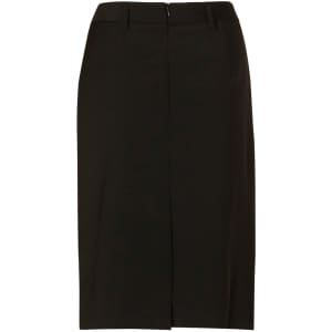 A women's mid-length lined pencil skirt in black wool stretch, featuring a back zipper and a simple design.