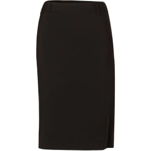 A women's mid-length lined pencil skirt in black wool stretch, featuring a sleek design and waistband.
