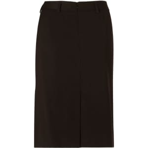 A black mid-length lined pencil skirt in poly/viscose stretch with a zip closure and a back vent.