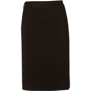A black mid-length lined pencil skirt made from poly/viscose stretch fabric, featuring a smooth silhouette and simple design.