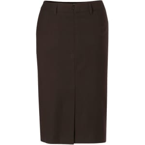 A mid-length lined pencil skirt in dark brown, made from poly/viscose stretch. Features a back zip and waistband.