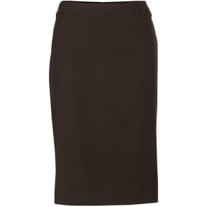 A mid-length pencil skirt in dark brown, made from poly/viscose stretch fabric, featuring a simple design and waistband.