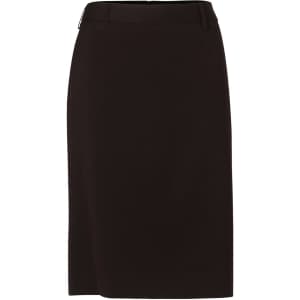 A black mid-length lined pencil skirt in poly/viscose stretch fabric, featuring a waistband and a zipper closure.