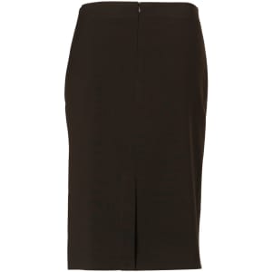 A women's mid-length lined pencil skirt in dark brown poly/viscose stretch stripe with a back zipper.