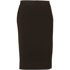 A dark green mid-length lined pencil skirt in poly/viscose stretch fabric, featuring a sleek design.